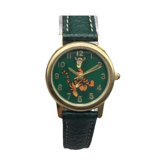 Vtg Disney Store Tigger Watch Women Gold Tone Green Leather Timex Pooh - Picture 1 of 12